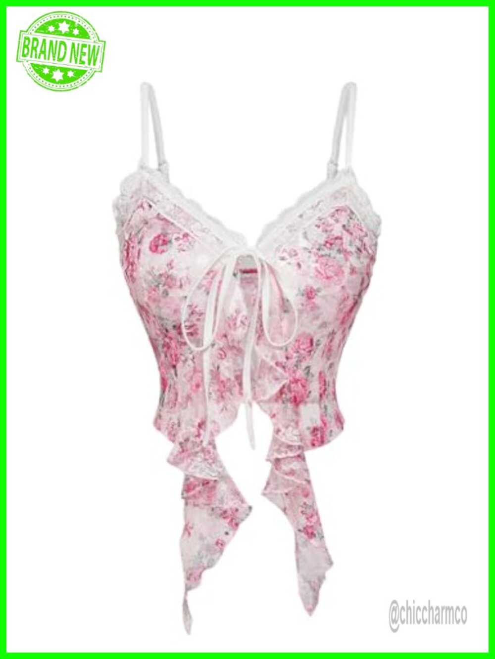 SweatyRocks Sheer Mesh Lace Ditsy Floral Cami Crop Top Ruffle Asymmetrical